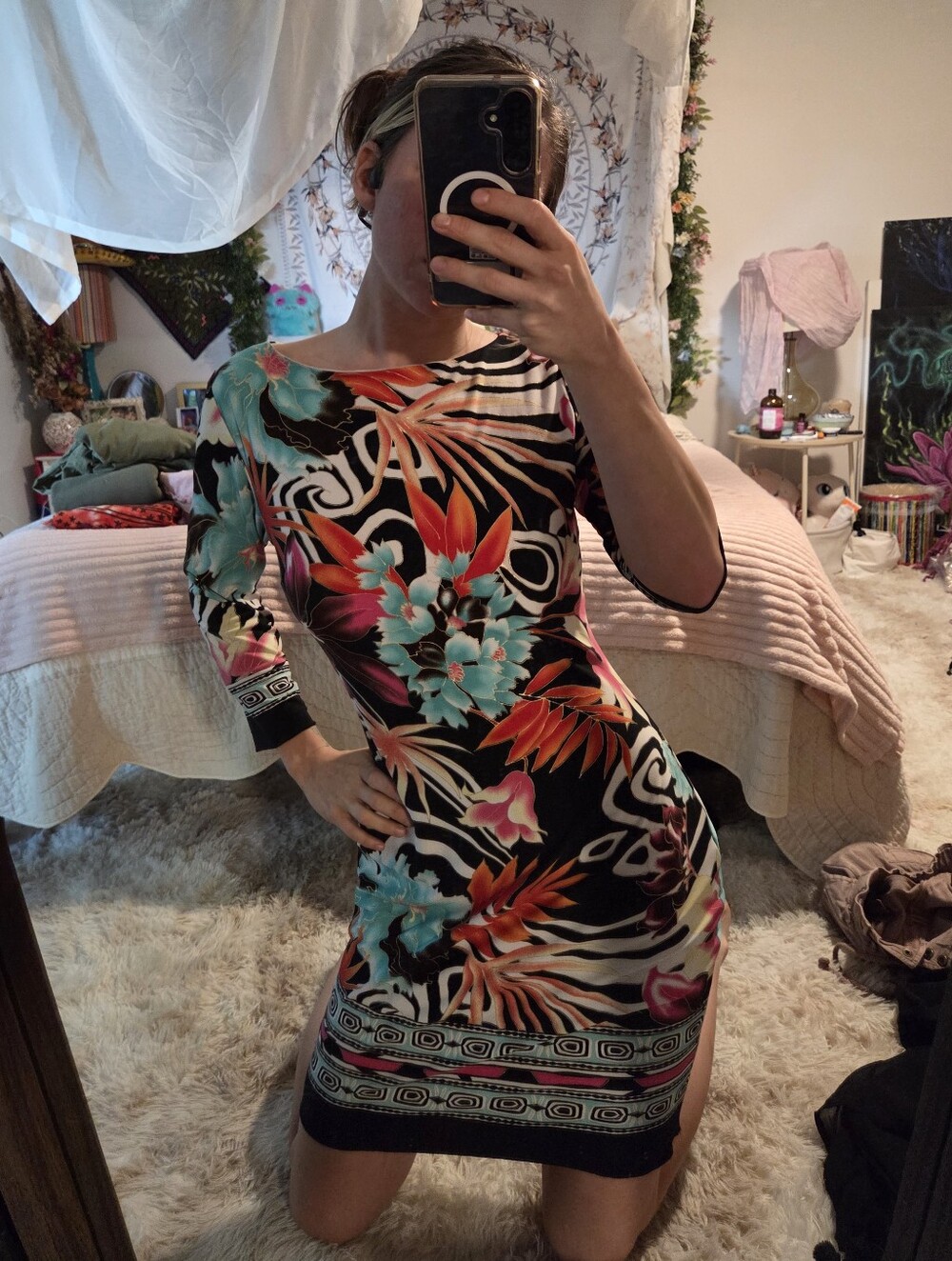 Cache Black Tropical Floral Long Sleeve Bodycon Dress